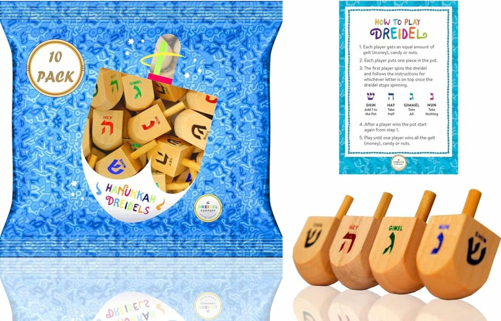 Dřevěné drejdly Hanukkah s anglickou transliterací a instrukčními kartami (balení 10 kusů)  |  Točící se hračky Točící se hračky Točící se hračky